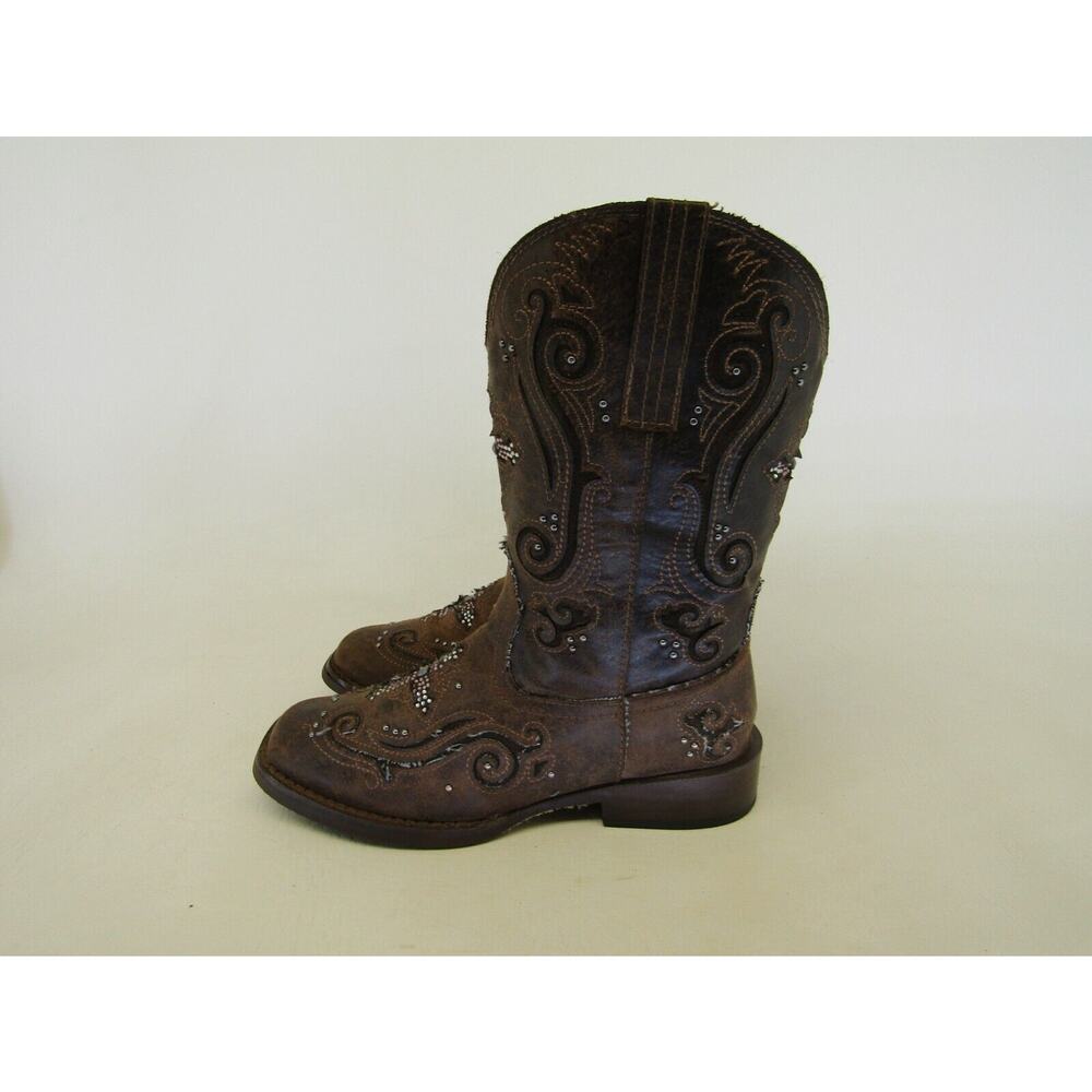 Roper Brand Youth Size 1 M Brown Inlay Cross Studded Cowboy Boots